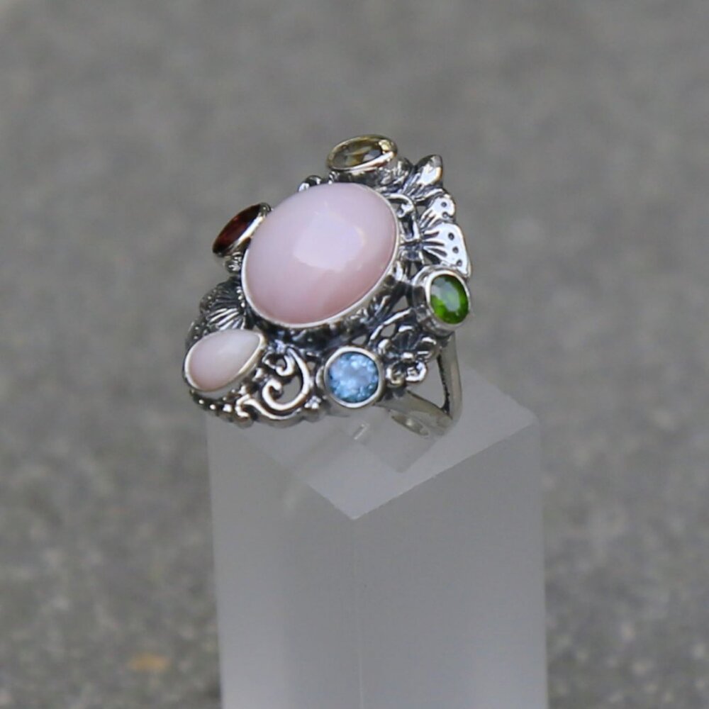 Bali Legacy ✦ Pink Opal & Multi Gemstone Ring ✦ 5.40ctw Sterling Silver Floral - Picture 12 of 16